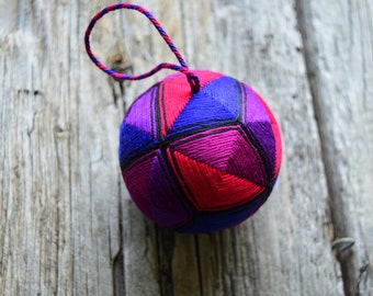 Japanese Kousa Temari Traditional Embroidered Thread Ball, Jewel Tones Cubist Temari, Stained Glass Temari Ball