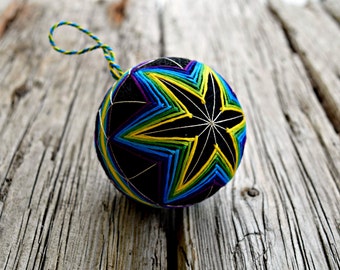Dark Rainbow Temari Ball, Neon Star Temari, Rainbow Bright Kiku Temari, Hand Embroidered Thread Ball, Hand Stitched Temari Christmas Bauble