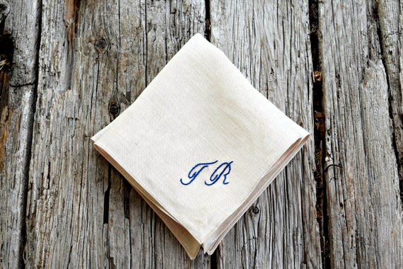 Two Initials Monogrammed Oatmeal Linen Handkerchief Personalized