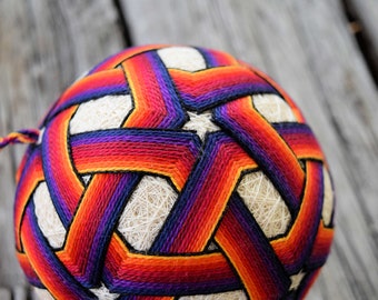 Dark Rainbow Star Temari Ball, Traditional Japanese Folk Craft Temari Ball, Hand Embroidered Temari Ornament Ball, Isolation Temari