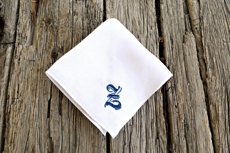 Pocket Square with Medieval Letter Personalized Mens Gift, Hand Embroidered Irish Linen Hankerchief Gothic Font Monogrammed Handkerchief
