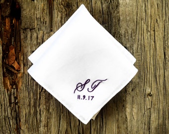 Monogrammed Handkerchief with Wedding Date, Wedding Pocket Square, Personalized White Linen Hankerchief Wedding Day Embroidered Handkerchief