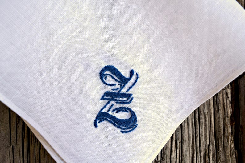 Pocket Square with Medieval Letter Personalized Mens Gift, Hand Embroidered Irish Linen Hankerchief Gothic Font Monogrammed Handkerchief
