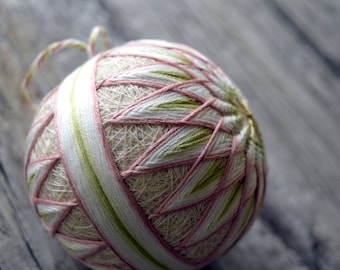 Allium Temari, Traditional Japanese Temari Ball, Kiku Pattern Japanese Temari Ornament, Soft Neutrals Temari Ball, Dusty Rose Temari Ball