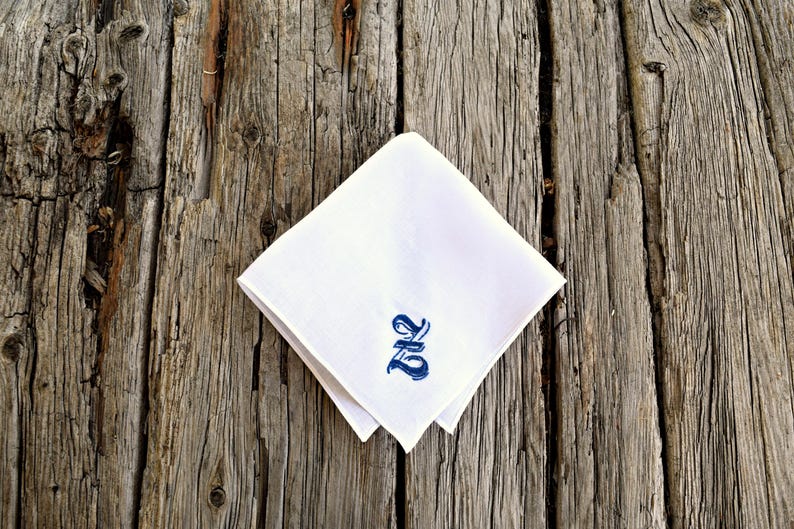 Pocket Square with Medieval Letter Personalized Mens Gift, Hand Embroidered Irish Linen Hankerchief Gothic Font Monogrammed Handkerchief