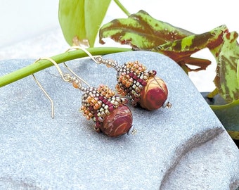 Hand Woven Earrings with Imperial Jasper, Red Aventurine and Japanese Miyuki Beads / Gold-filled French Wires, Vintage Style