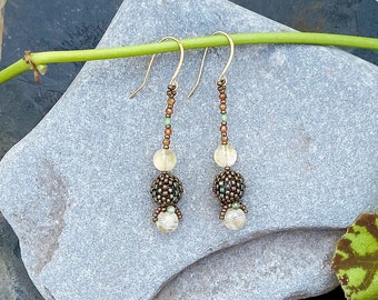Hand Woven Earrings with Citrine, Hessonite Garnet, Snowflake Jade and Japanese Miyuki Beads / Gold-filled French Wires / Vintage Style