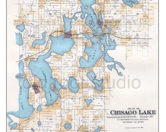 Hand Painted Map of Chisago Lakes Minnesota, 1888 / Vintage Chisago Map / Map Art / Old Map Chisago / Lindstrom / Center City / Chisago City