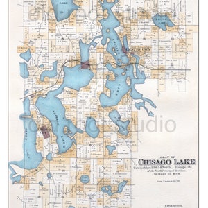 Handgeschilderde kaart van Chisago Lakes, Minnesota, 1888 / vintage kaart van Chisago / kaartkunst / oude kaart Chisago / Lindstrom / Center City / Chisago City
