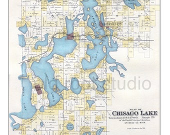Hand Painted Map of Chisago Lakes Minnesota, 1888 / Vintage Chisago Map / Map Art / Old Map Chisago / Lindstrom / Center City / Chisago City