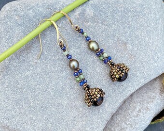 Earrings with Freshwater Pearl, Lapis, Spinel, Green Garnet, Onyx and Japanese Miyuki Beads / Gold-filled French Wires, Vintage Style