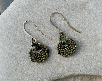 Earrings with Tiger Eye and Peridot Gemstones are woven with Japanese Miyuki Beads to create a vintage style, Antiqued gold ear wires