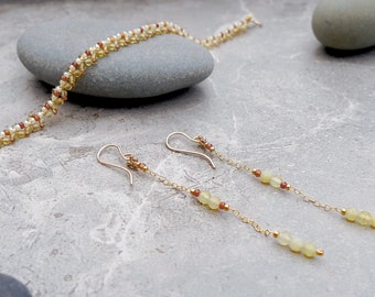Delicate Golden Citrine and Hessonite Garnet Bracelet Pair with Golden Jade and Hessonite Garnet Earrings / Gold-filled / Vintage Style
