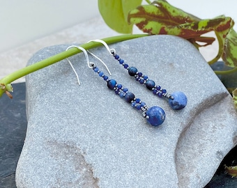 Hand Woven Earrings with Sodalite, Tiger Eye, Lapis Lazuli and Miyuki Beads / Sterling Silver French Wires / Vintage Style / Art Deco
