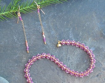 Rosy Natural Ruby and Peachy Sunstone Bracelet and Earrings / Gold-filled Magnetic Clasp and Earwires / Vintage Style / Art Deco