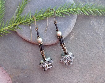 Hand Woven Earrings with Labradorite Gemstone, Antique German Crystal Pearls and Japanese Miyuki Beads in Green, Black and Silver Gray