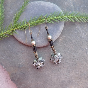 Hand Woven Earrings with Labradorite Gemstone, Antique German Crystal Pearls and Japanese Miyuki Beads in Green, Black and Silver Gray