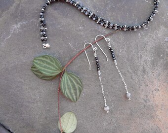 Natural Black Spinel, Zebra Jasper and Labradorite Bracelet and Earrings / Sterling Silver Magnetic Clasp and Earwires / Vintage Style