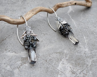 Hand Woven Earrings with Czech Crystal, Moonstone, Sterling Silver Plated Leaves and Japanese Miyuki Beads in Shades of Silver and Gray