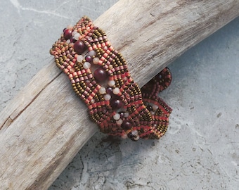 Hand Woven Bracelet with Tiger Eye, Peach Moonstone, Sunstone, Garnet and Miyuki Beads / Czech Glass Button Clasp / Vintage Style / Art Deco