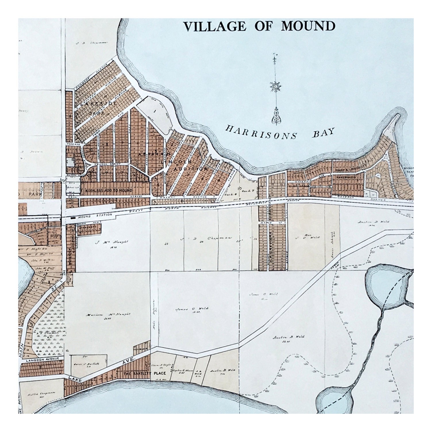 Hand Painted Map of Lake Minnetonka and Mound, 1913 ...