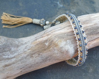 Hand Woven Bracelet with Sapphire Gemstones and Ivory and Periwinkle Japanese Miyuki Beads / Vintage Styling with Silk Tassel / Art Deco