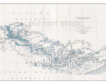 Hand Painted Map of the Boundary Waters Canoe Area, Rainy Lake to Lake Superior, Minnesota, Ontario, Canada, 1930 / BWCA / Quetico