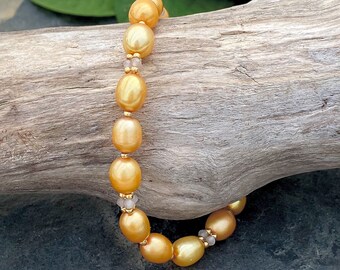 Bracelet and/or Earrings with Golden Pearls, Peach Moonstone, 24 kt Gold Plated Miyuki Beads, 14 kt Gold filled Clasp and French Wires