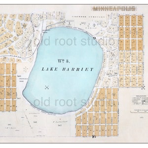 Handgeschilderde kaart van Minneapolis, 1885 / Lake Harriet / Linden Hills / Lynnhurst / Minneapolis Lakes / oude kaart / vintage kaartkunst van Minneapolis
