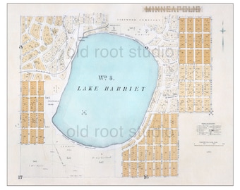 Hand Painted Map of Minneapolis, 1885 / Lake Harriet / Linden Hills / Lynnhurst / Minneapolis Lakes / Old Map / Vintage Minneapolis  Map Art