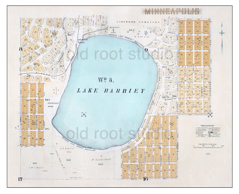 Hand Painted Map of Minneapolis, 1885 / Lake Harriet / Linden Hills