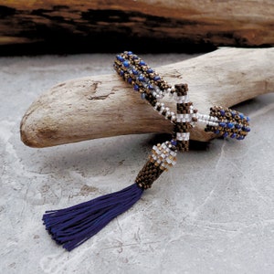 Hand Woven Bracelet with Lapis Lazuli Gemstones and Antique Bronze Japanese Miyuki Beads / Vintage Styling with Silk Tassel / Art Deco