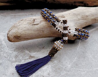 Hand Woven Bracelet with Lapis Lazuli Gemstones and Antique Bronze Japanese Miyuki Beads / Vintage Styling with Silk Tassel / Art Deco