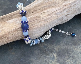 Hand Woven Bracelet with Sodalite, Chalcedony, Tiger Eye, Lapis Lazuli, Aquamarine, Moonstone and Miyuki Beads with a Sterling Silver Clasp