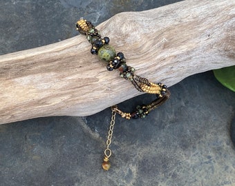 Hand Woven Bracelet with Dragon Blood Jasper, Tiger Eye, Peridot, Natural Spinel, and Miyuki Beads with Gold filled Clasp / Vintage Styling
