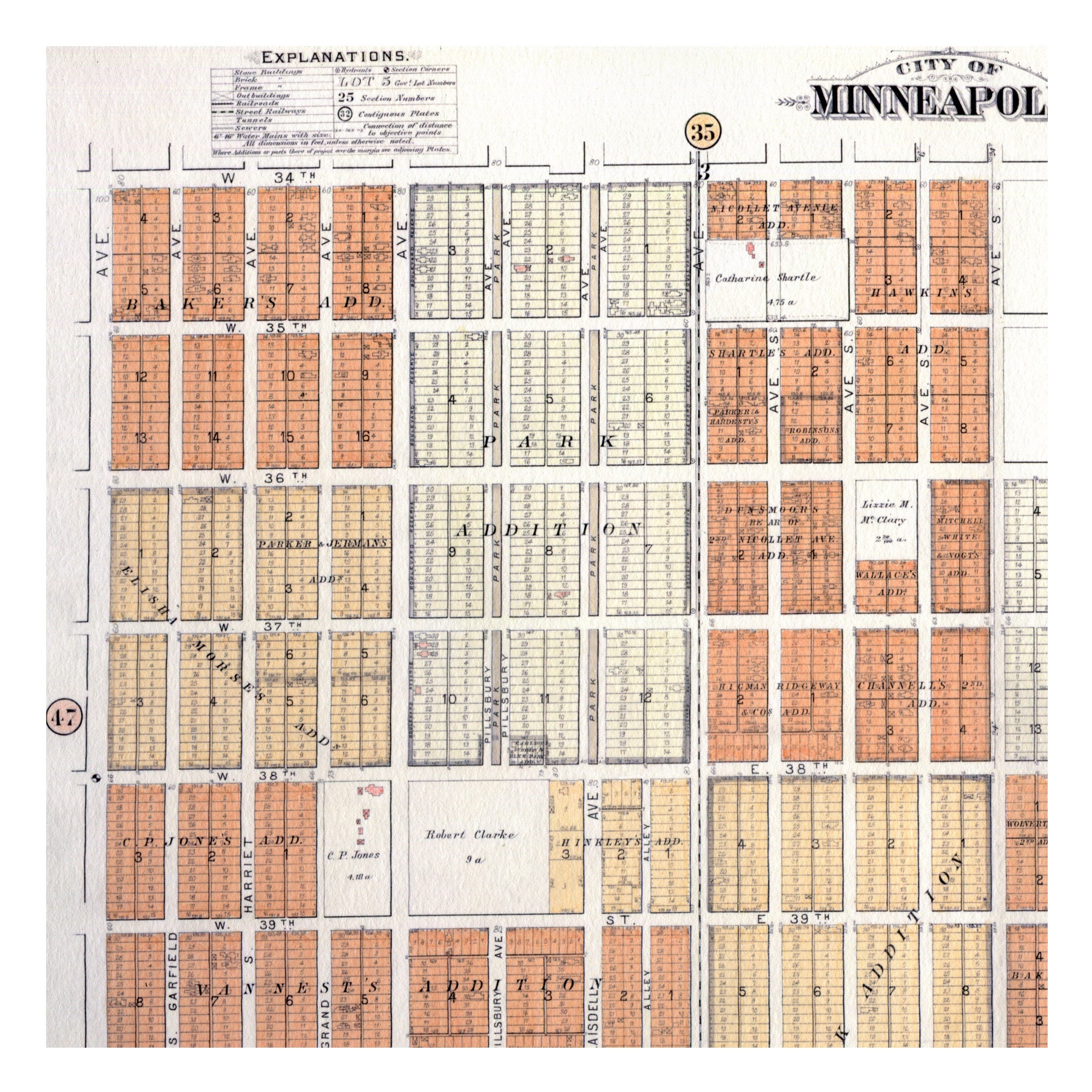 Hand Painted Map of Minneapolis, 1892 including the Kingfield, Bryant