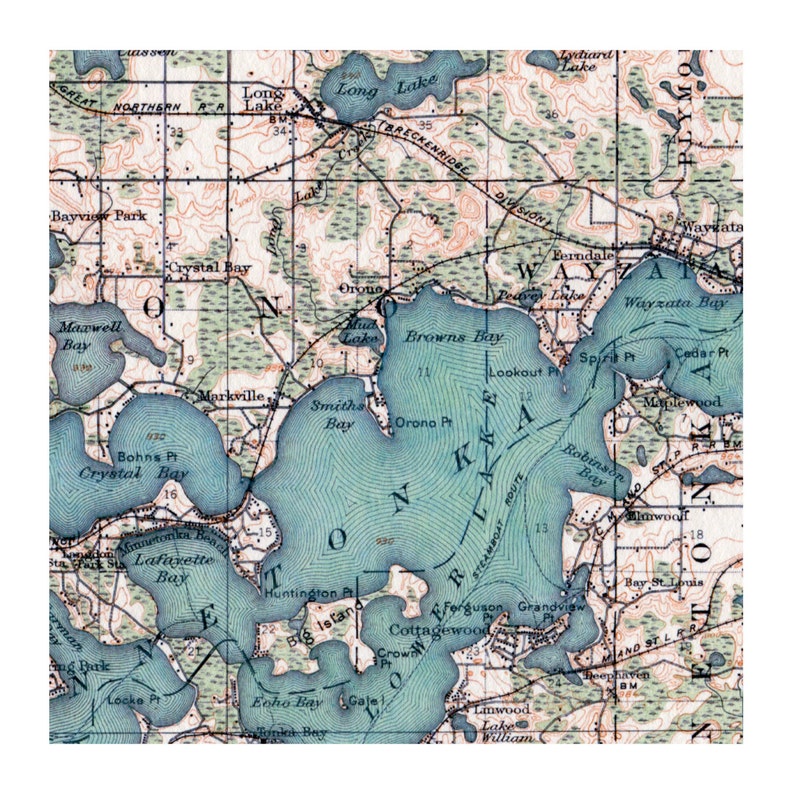 Hand Painted map of Lake Minnetonka, Minnesota, 1905 / Retro Lake Minnetonka / Vintage Lake Minnetonka / Minnetonka Map Art image 4