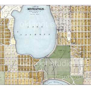 Handgeschilderde kaart van Minneapolis, 1892 / Lake Calhoun / Linden Hills / Lake Harriet / Lakewood / Vintage Minneapolis / kaartkunst van Minneapolis