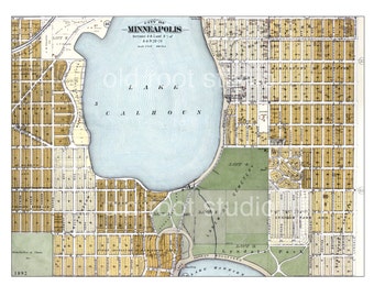 Hand Painted Map of Minneapolis, 1892 / Lake Calhoun / Linden Hills / Lake Harriet / Lakewood / Vintage Minneapolis / Minneapolis Map Art