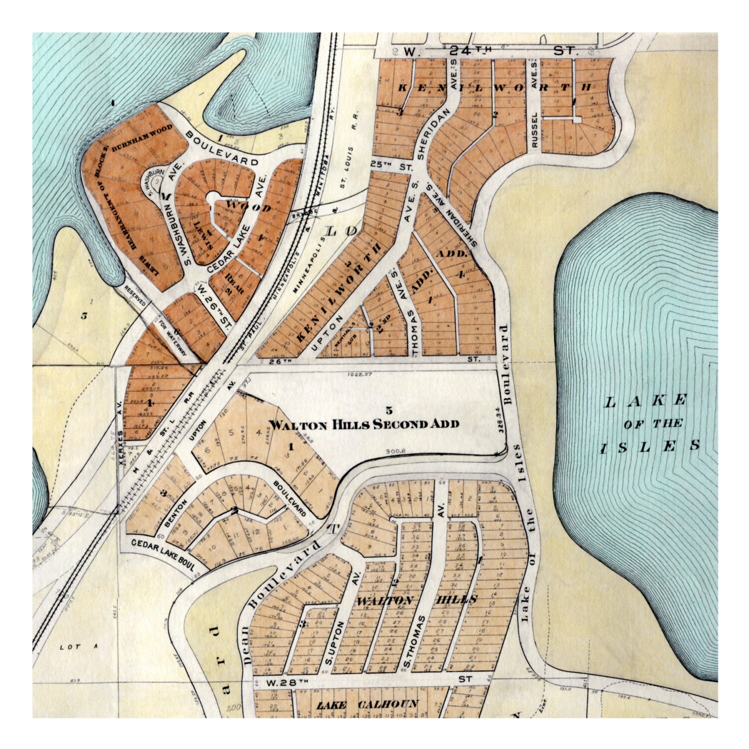 Hand Painted Map of Minneapolis, 1903 / Lakes Calhoun / Cedar Lake