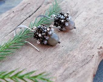 Hand Woven Earrings with 8mm Labradorite Gemstone, 2mm Faceted Labradorite and Japanese Miyuki Beads in Sterling Silver, Black and Gray