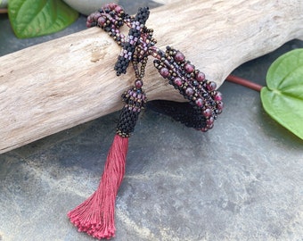 Hand Woven Bracelet with Garnet, Black Swarovski Crystals and Miyuki Beads in Plum, Red and Black / Silk Tassel / Vintage Style, Art Deco