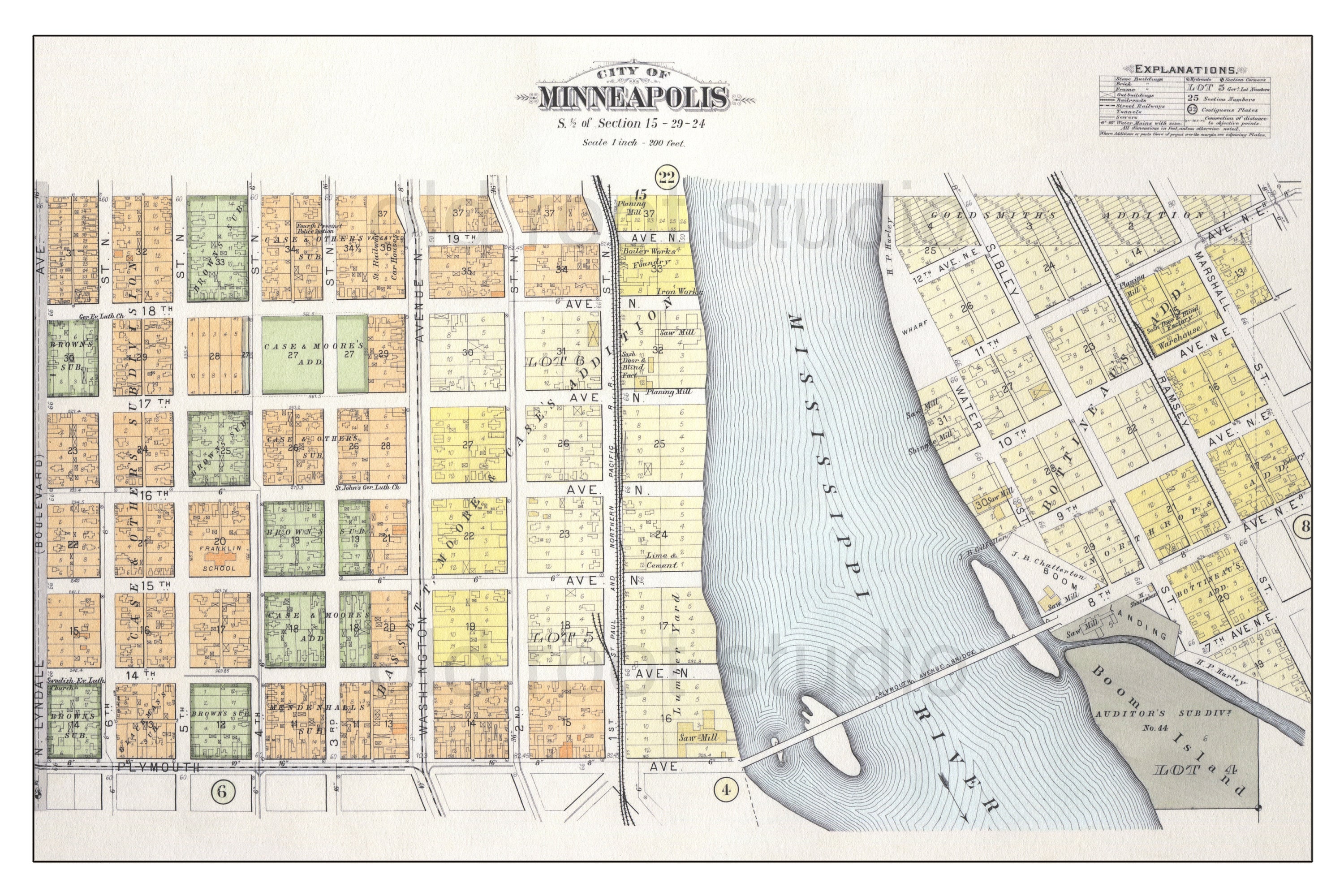 Hand Painted Map of Minneapolis, 1892