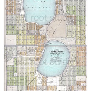 Mapa pintado à mão de Minneapolis, 1892 / Lago Calhoun / Lago Harriet / Lagos de Minneapolis / Mapa antigo de Minneapolis / Minneapolis vintage