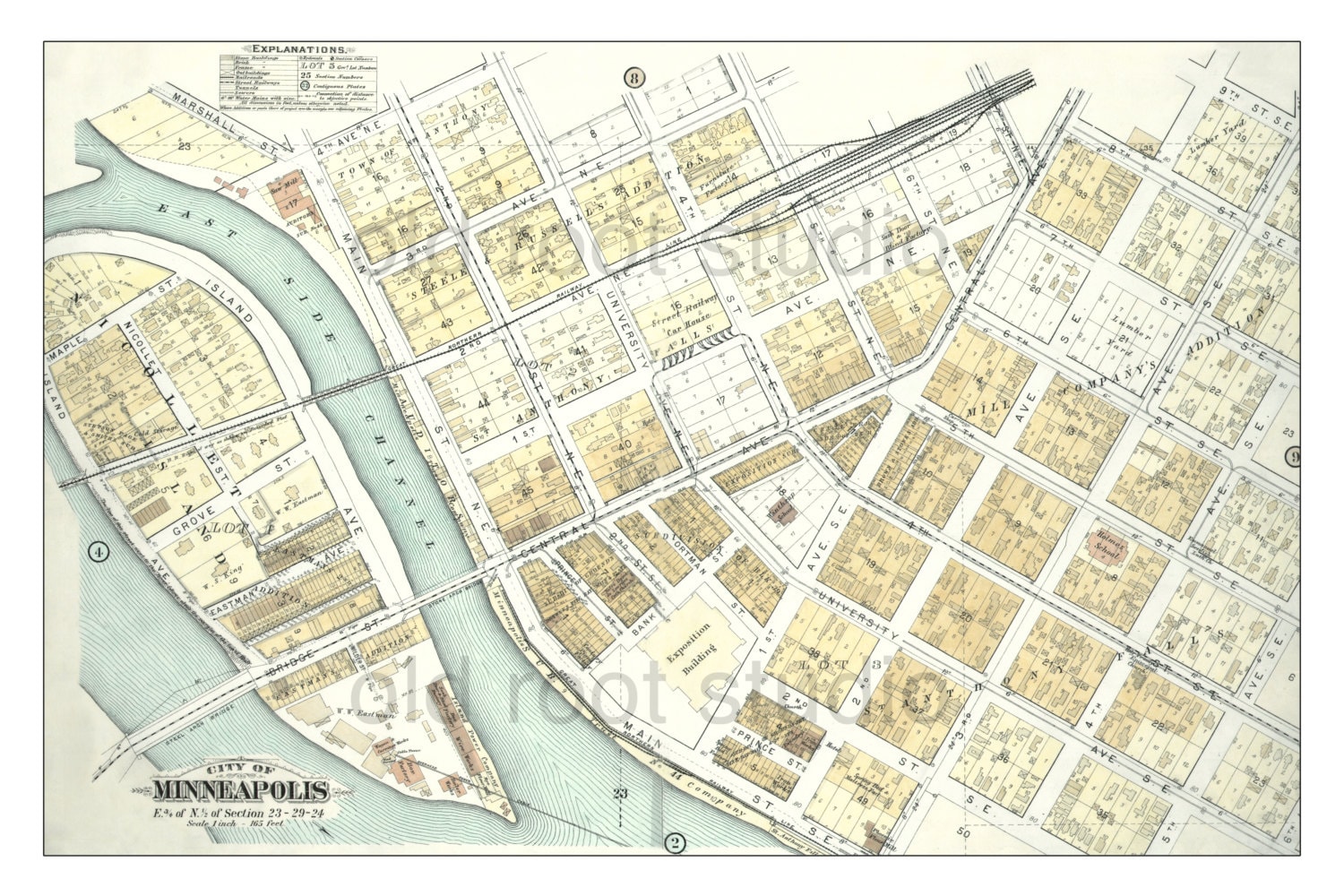 Hand Painted Map Of Minneapolis 1892 Including Nicollet - 