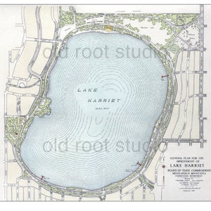 Mapa pintado a mano del lago Harriet, Minneapolis, 1926 / Lagos de Minneapolis, Mapa antiguo de Minneapolis, Minneapolis vintage, Mapa artístico de Minneapolis