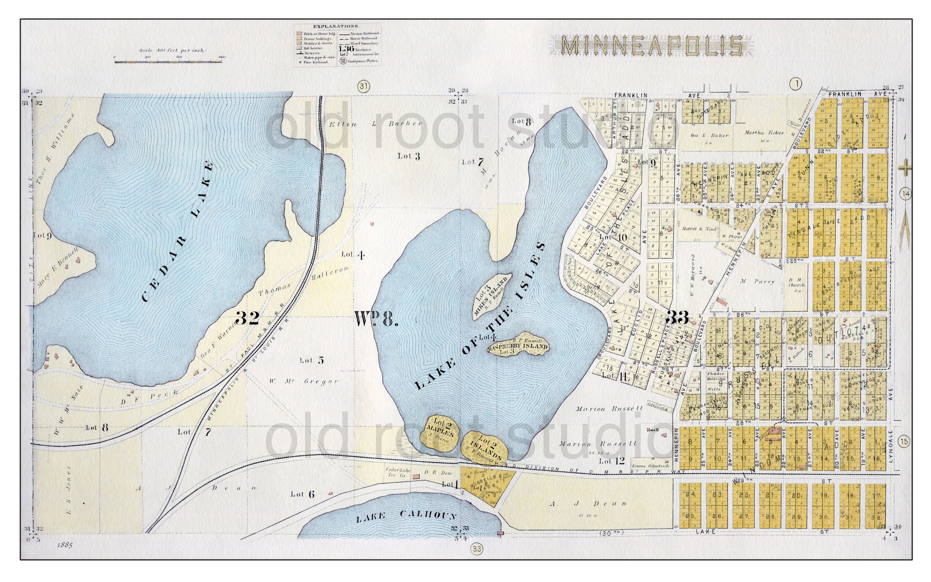 Hand Painted Map of Minneapolis, 1903 / Lakes Calhoun / Cedar Lake / Lake of the Isles / Kenwood
