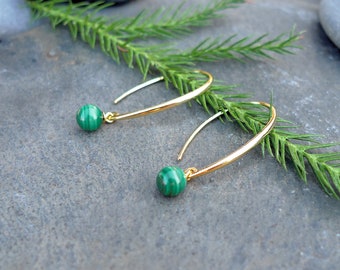 Gold Plated Sterling Silver and Malachite Drop Earrings / 6mm Malachite / 3.7cm drop length