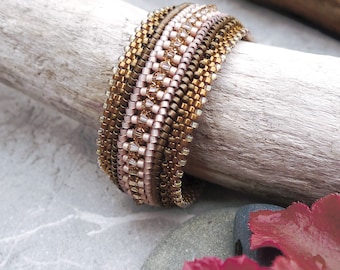 Hand Woven Bracelet with Sparkling Swarovski Crystals and Gold and Bronze Japanese Miyuki Beads / Vintage Style  / Antique Style / Art Deco