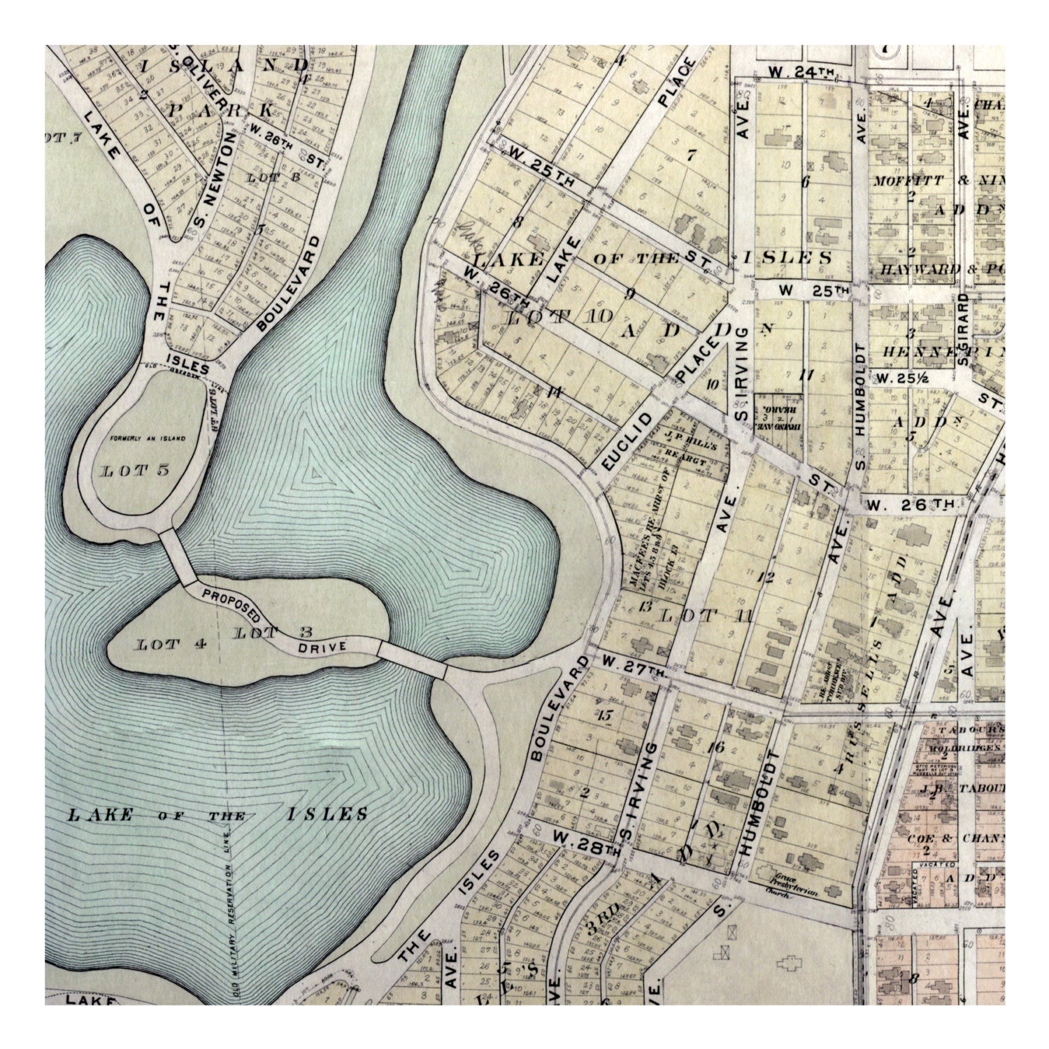 Hand Painted Map of Minneapolis, 1903 including Lake of the Isles, the Kenwood, Lowry Hill